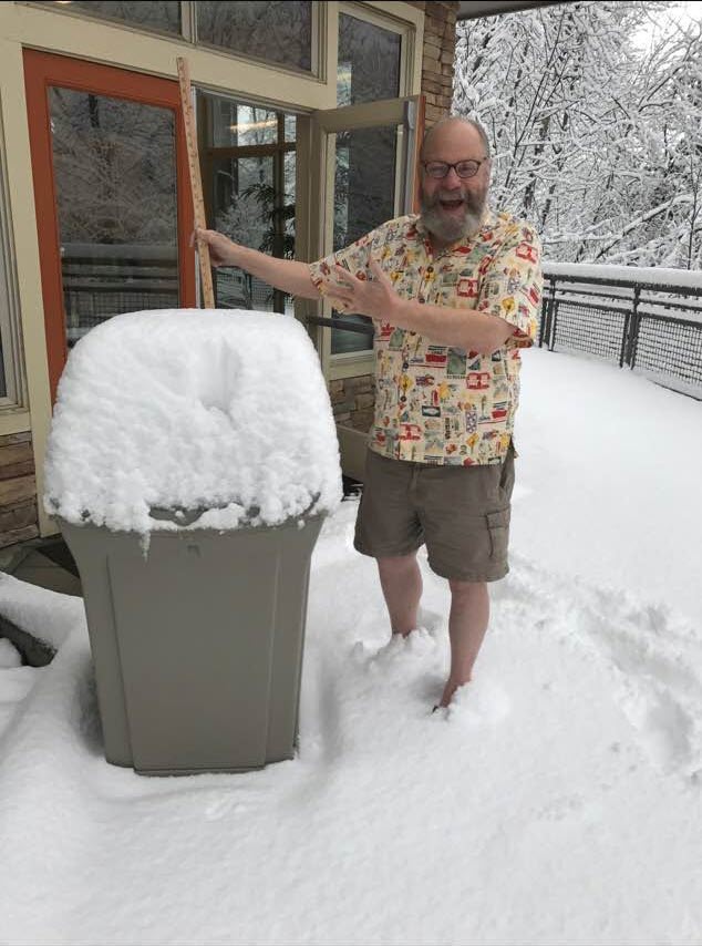 Paul in the snow — Hawaiian shirt, naturally